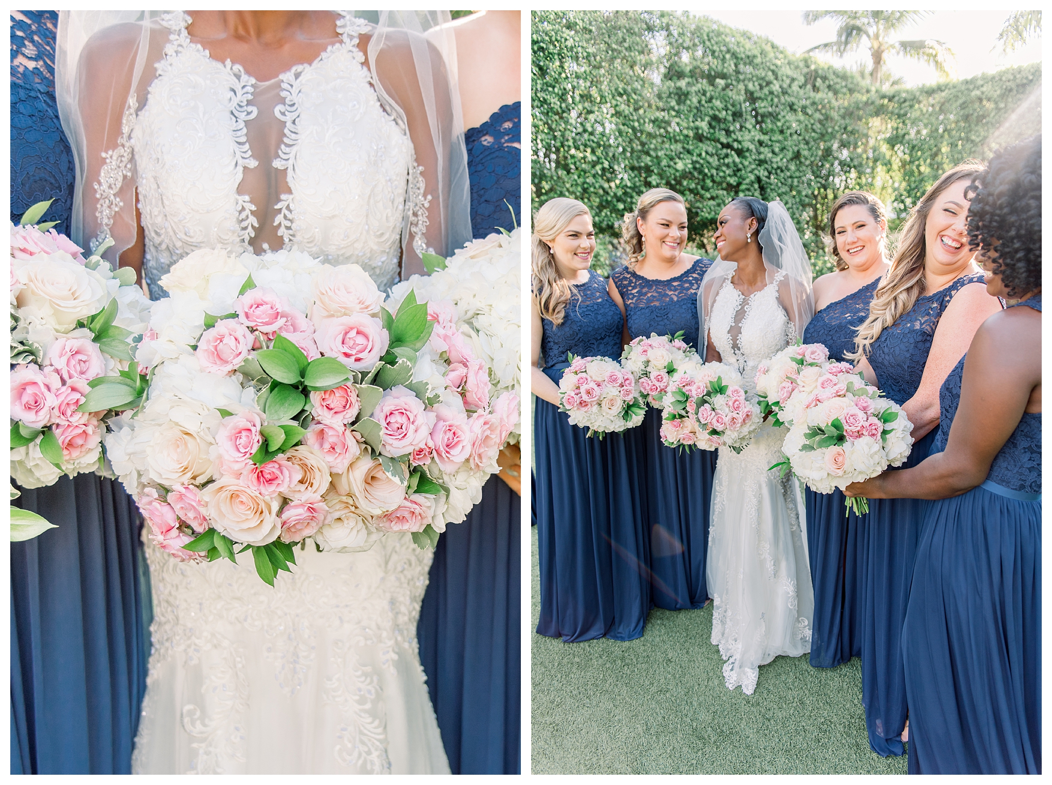 Bridal party portraits with blush and navy accents. Navy bridesmaid dresses with blush bouquets by Jessica McCalla Photography