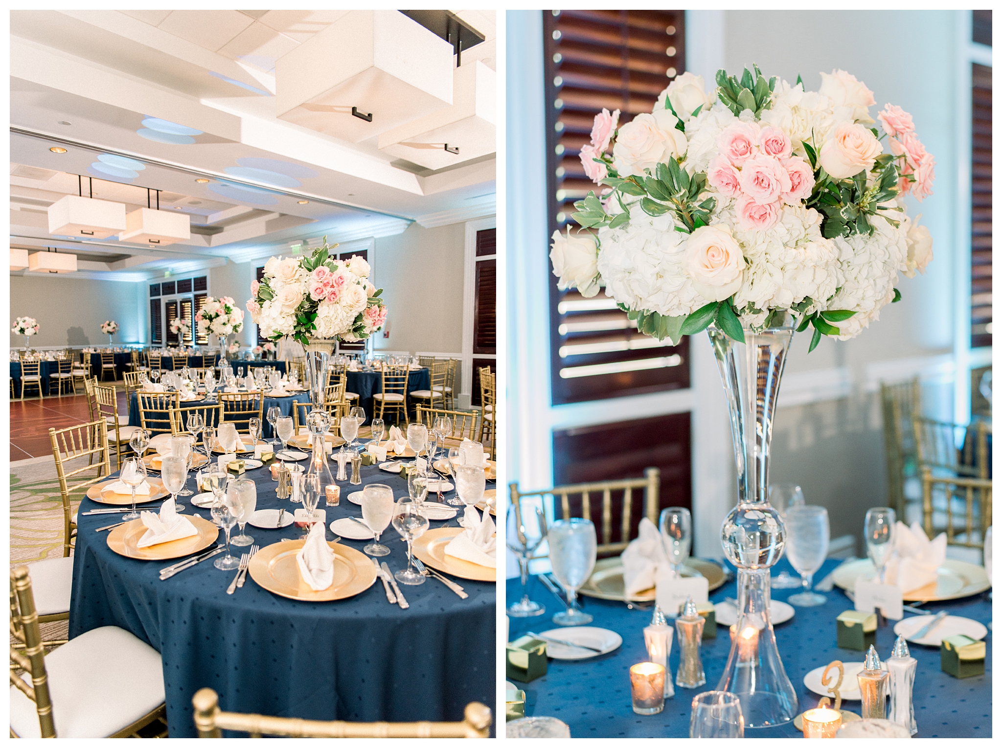 Wedding reception details with navy and blush pink accents | Hyatt Regency Coconut Point | Jessica McCalla Photography